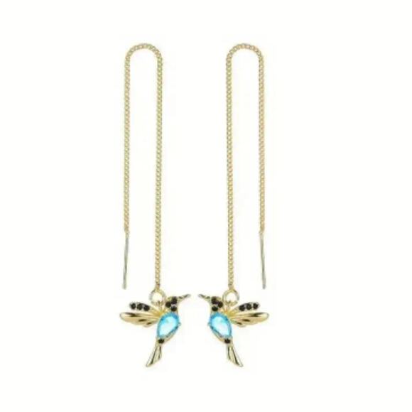 Blue and gold hummingbird dangle earrings - Picture 6 of 6